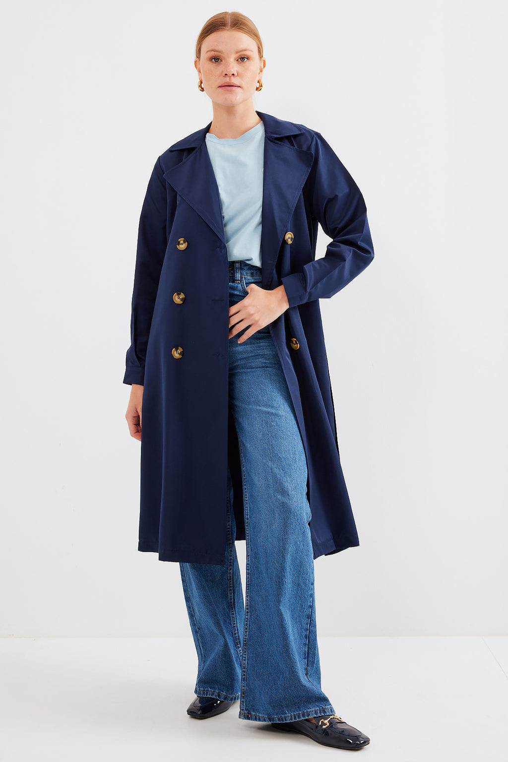 5853 Kruvaze Yaka Trençkot - Lacivert