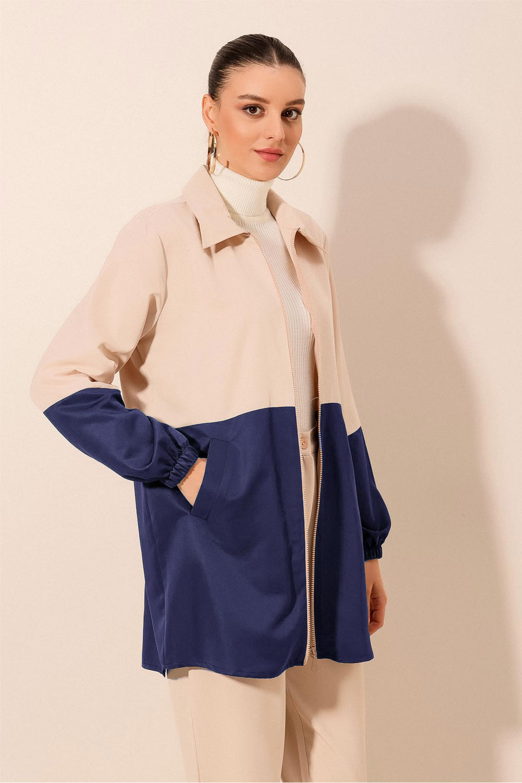 5909 Çift Renkli Mevsimlik Trençkot - Lacivert