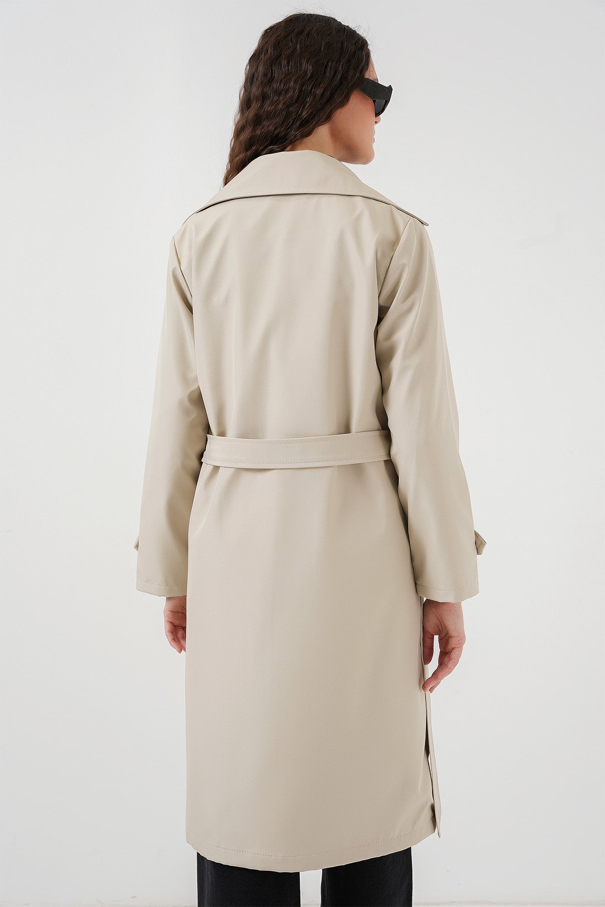 5918 Kruvaze Yaka Trençkot - Bej