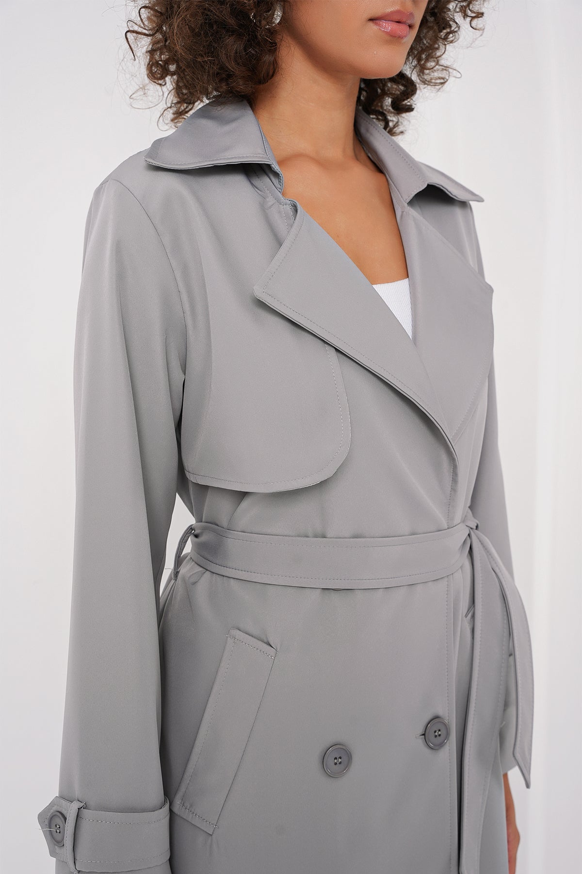 5918 Kruvaze Yaka Trençkot - Gri