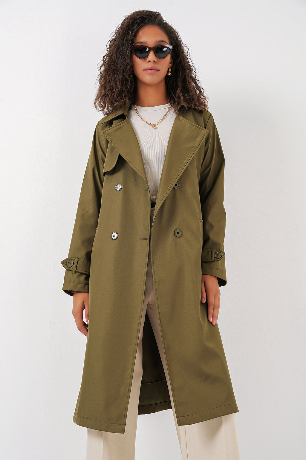 5918 Kruvaze Yaka Trençkot - Haki