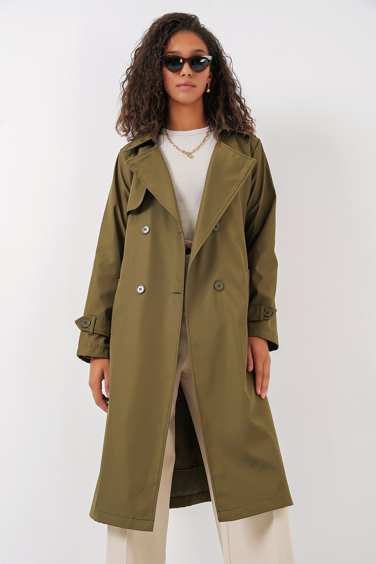 5918 Kruvaze Yaka Trençkot - Haki