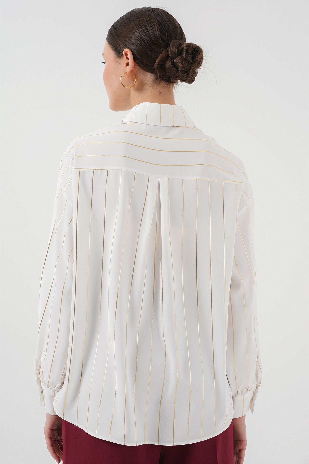 5924 Kadın Gold Çizgili Gömlek - C.Beyaz