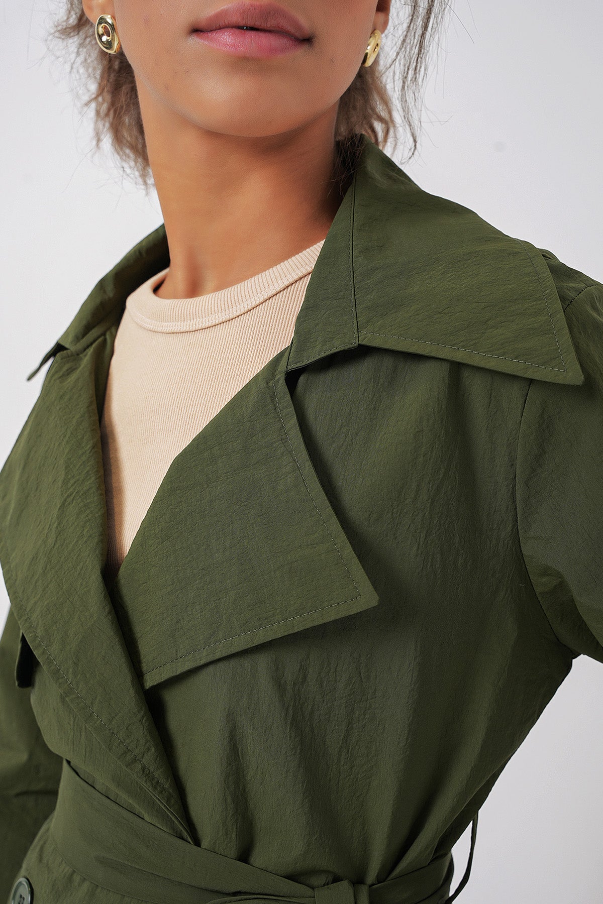 5938 Kruvaze Yaka Trençkot - Haki