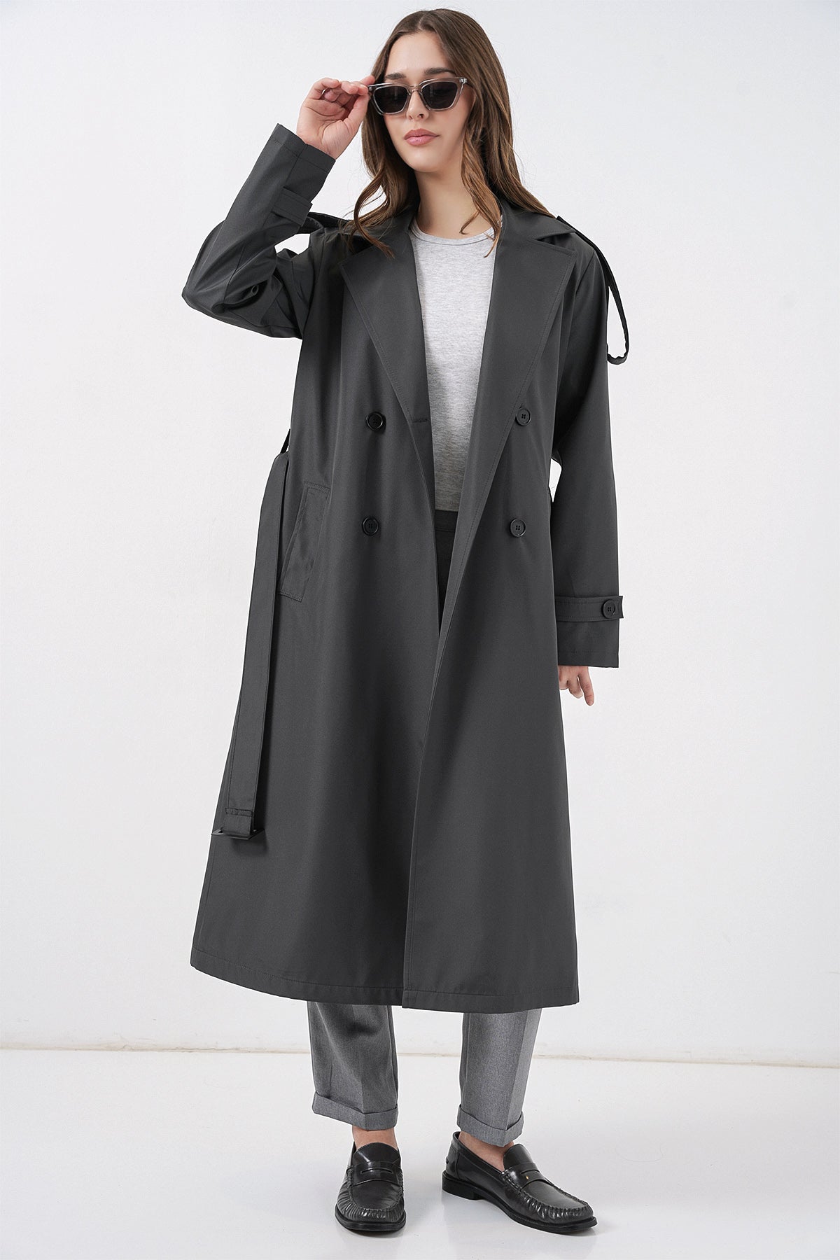 5941 Kruvaze Yaka Uzun Trençkot - Antrasit