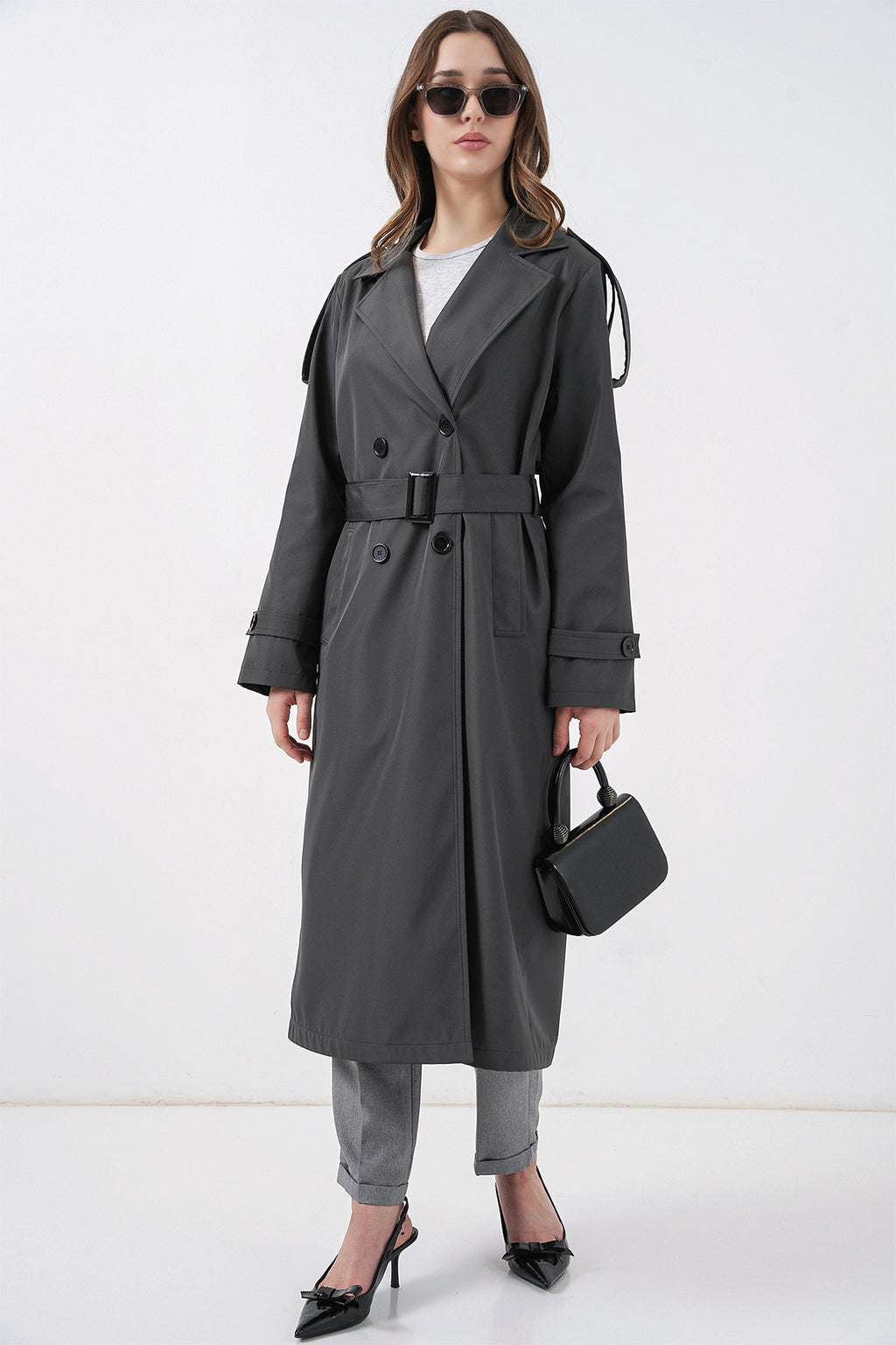 5941 Kruvaze Yaka Uzun Trençkot - Antrasit