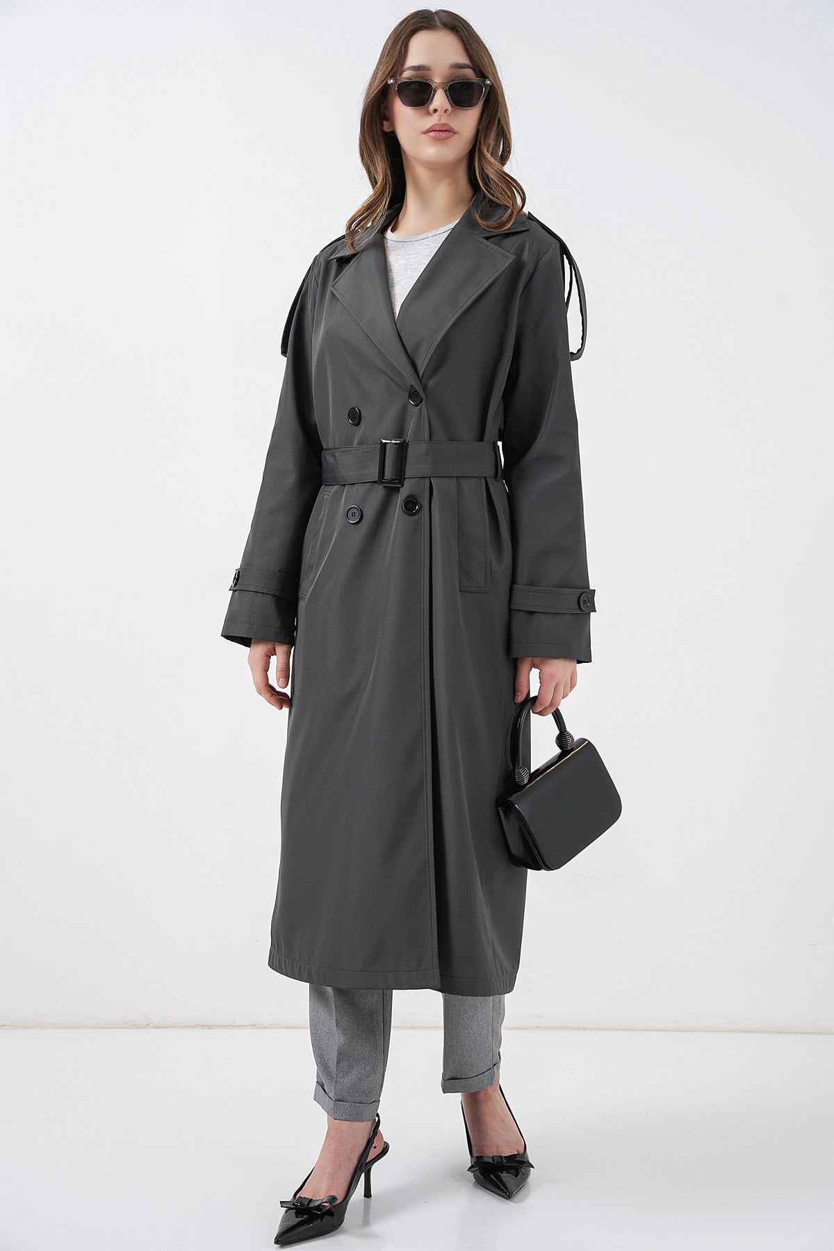 5941 Kruvaze Yaka Uzun Trençkot - Antrasit