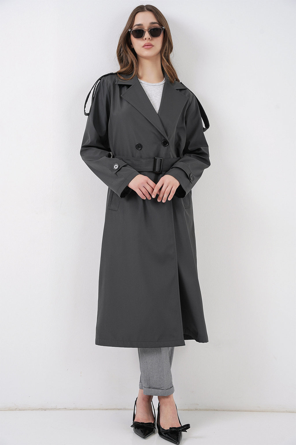 5941 Kruvaze Yaka Uzun Trençkot - Antrasit