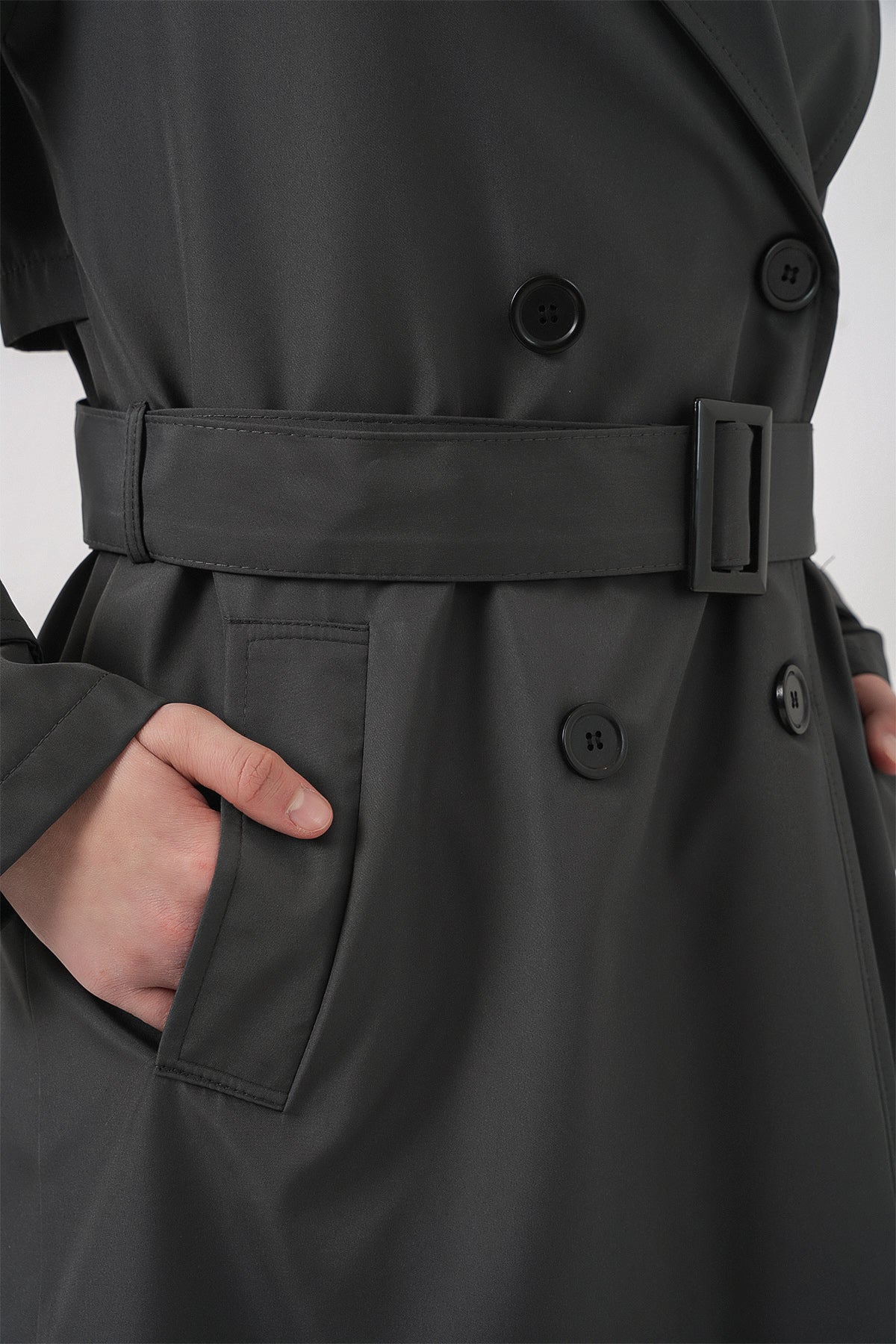 5941 Kruvaze Yaka Uzun Trençkot - Antrasit