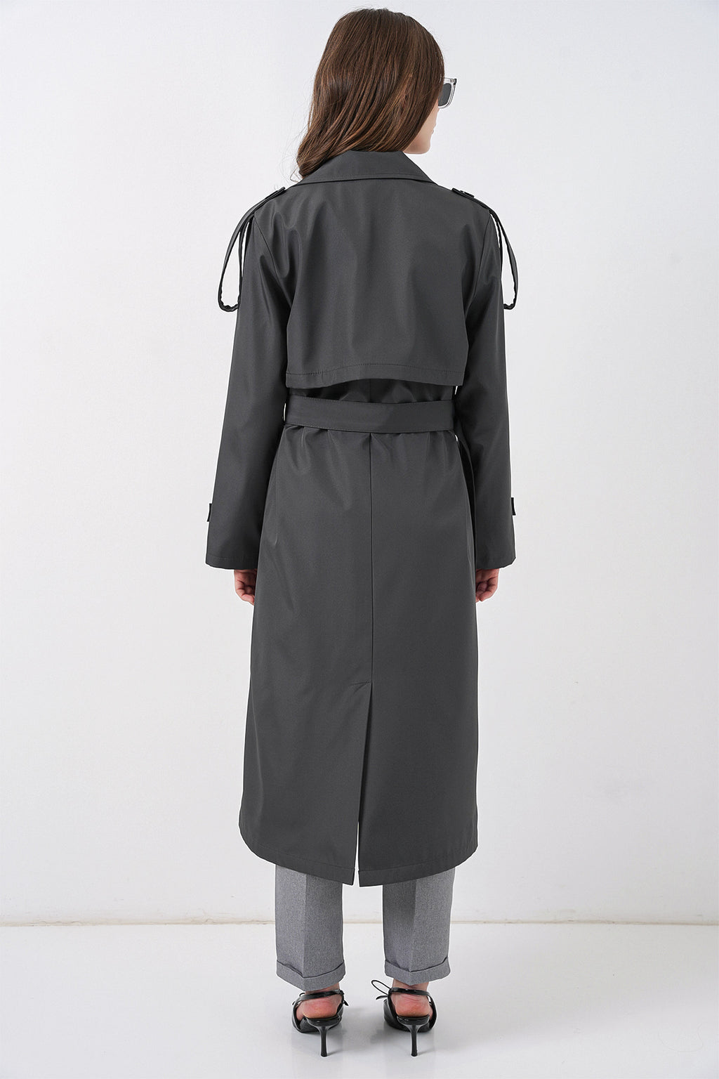 5941 Kruvaze Yaka Uzun Trençkot - Antrasit