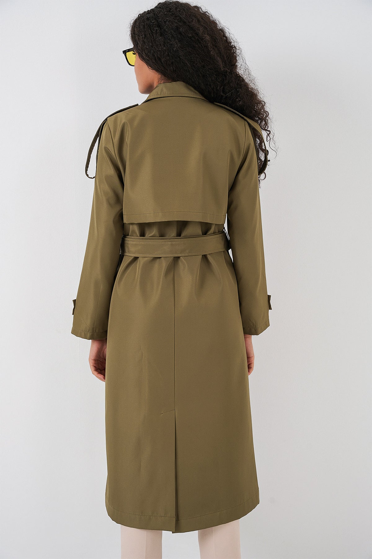 5941 Kruvaze Yaka Uzun Trençkot - Haki