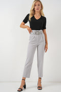 6556 Kemerli Kumaş Pantolon - Gri
