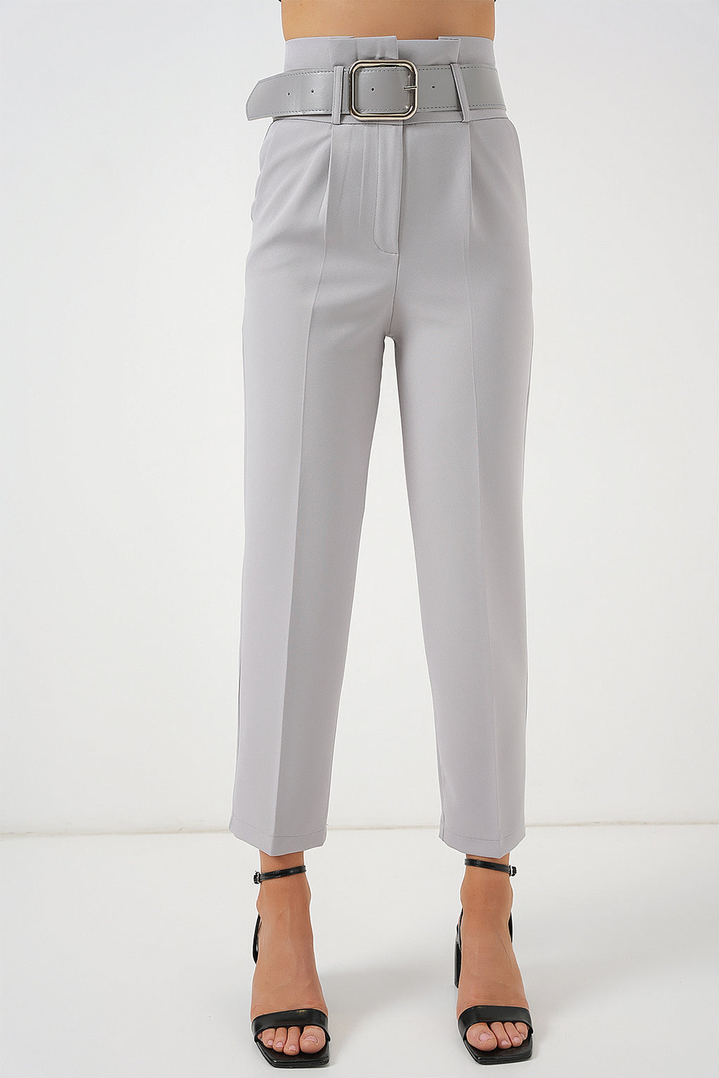 6556 Kemerli Kumaş Pantolon - Gri