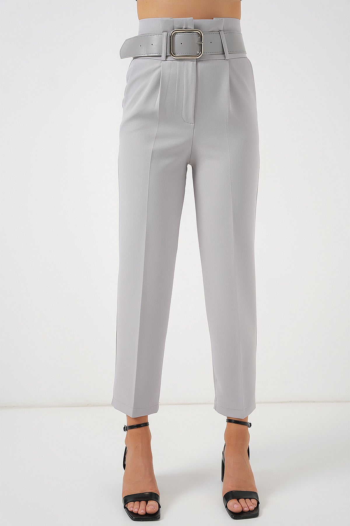 6556 Kemerli Kumaş Pantolon - Gri