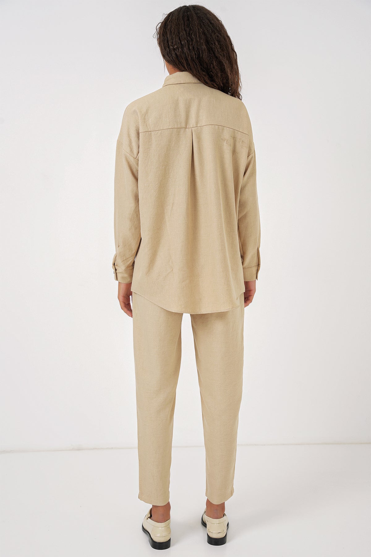 Kadın Bej Oversize Keten Alt Üst Takım 6622