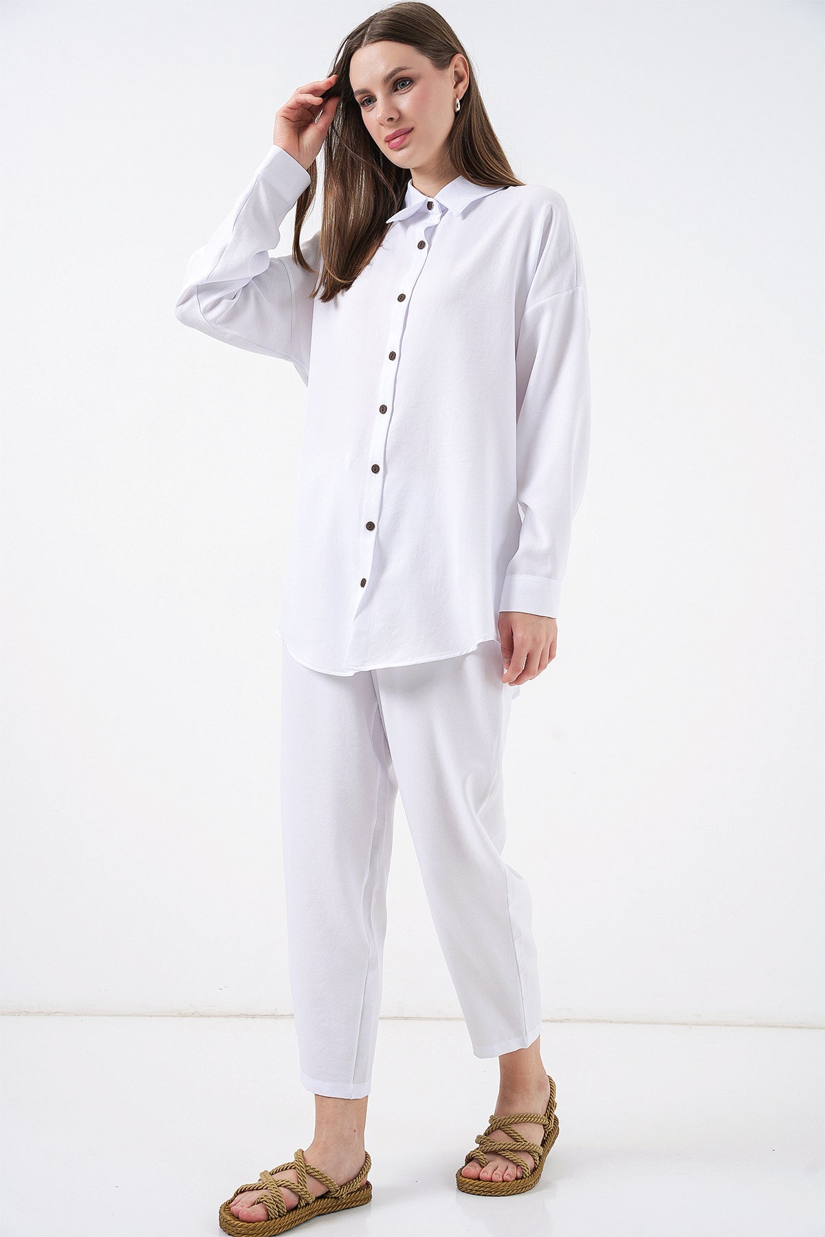 6622 Keten İkili Takım - Beyaz