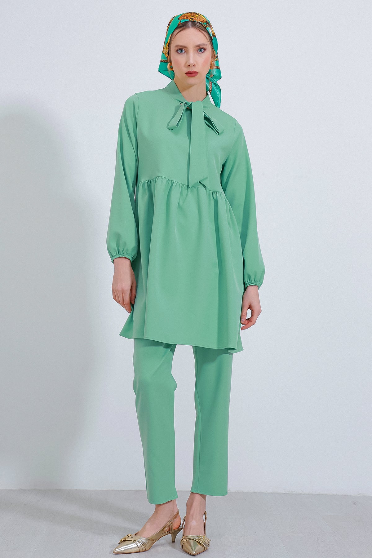 Kadın Mint Örme Pantolon Tunik Alt Üst Takım 6654