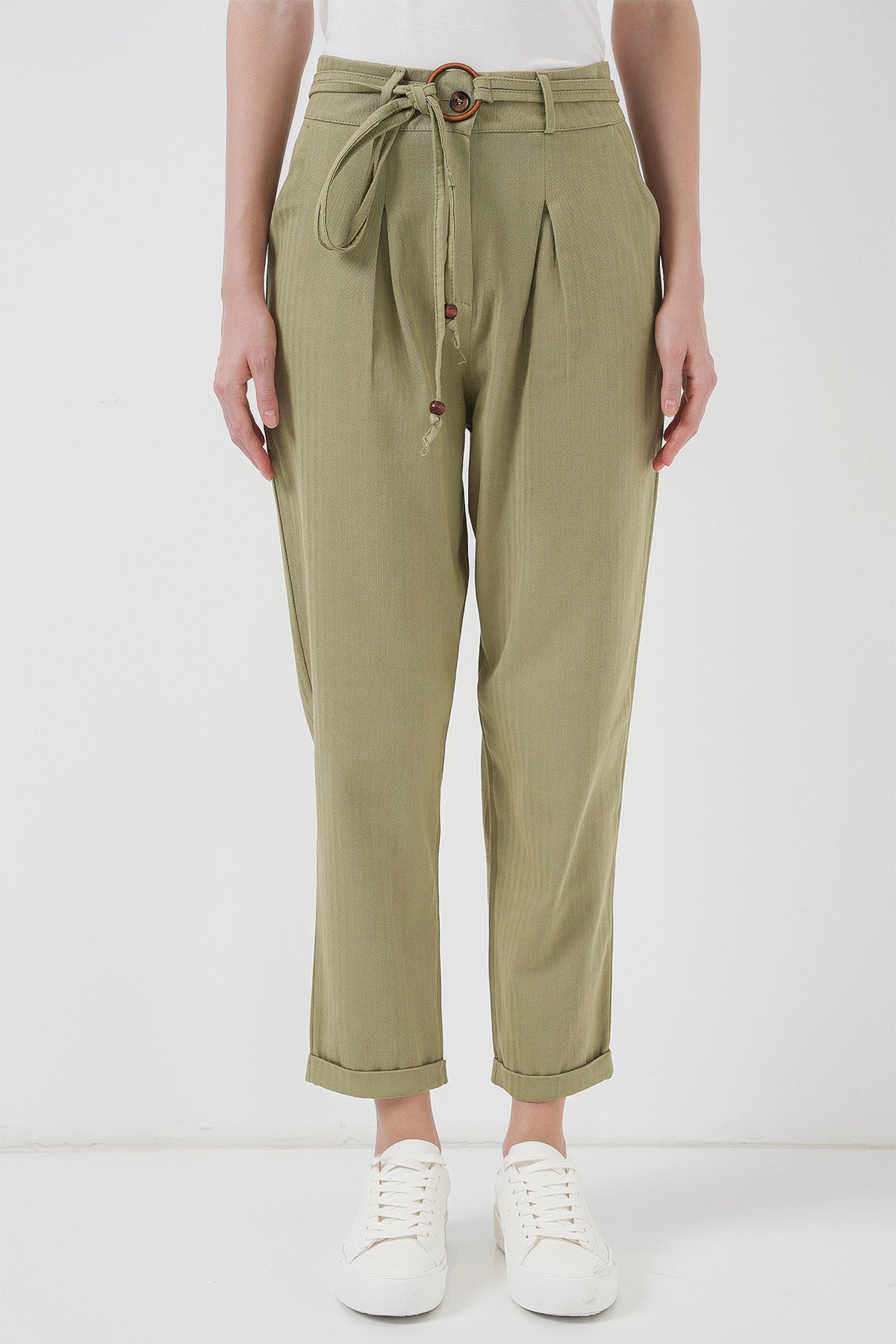 6660 Kemerli Keten Pantolon - Haki