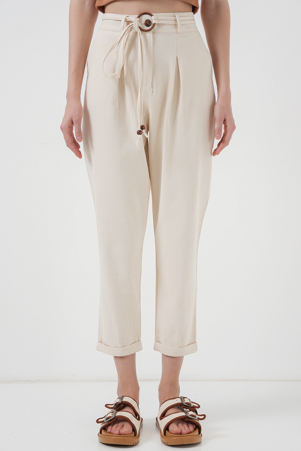 6660 Kemerli Keten Pantolon - Krem