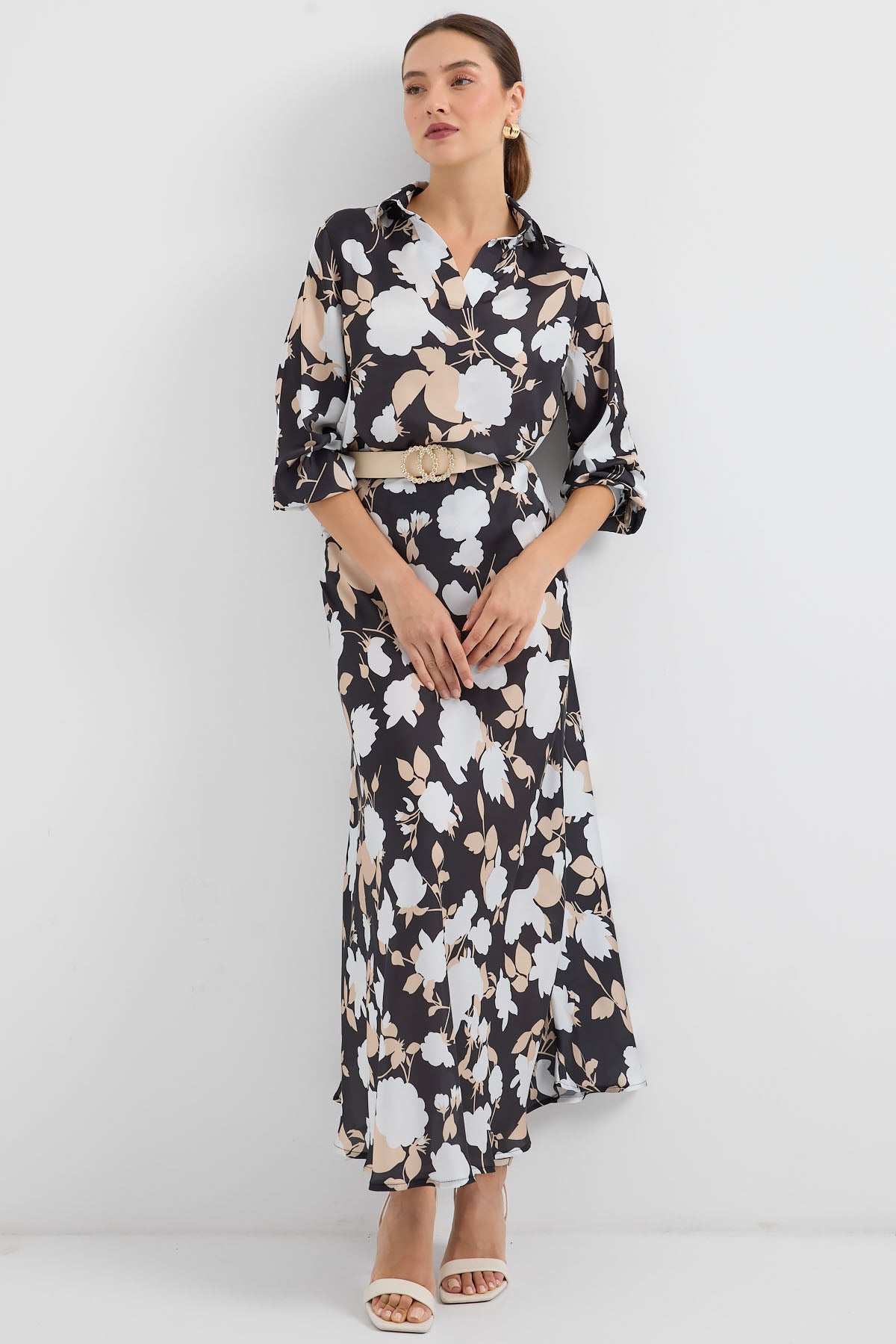 8018 Desenli Saten İkili Takım - Siyah