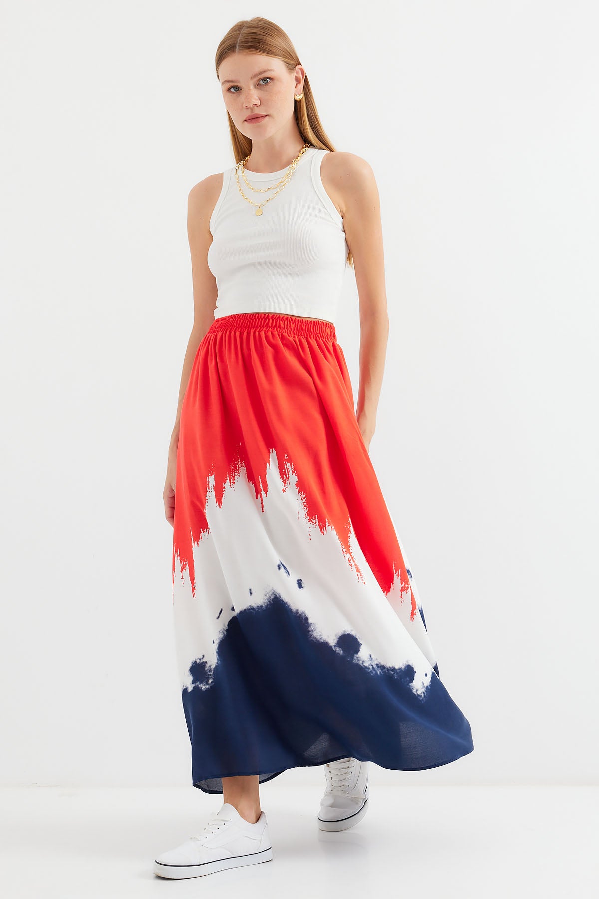 8025 Desenli Uzun Viskon Etek - Kırmızı