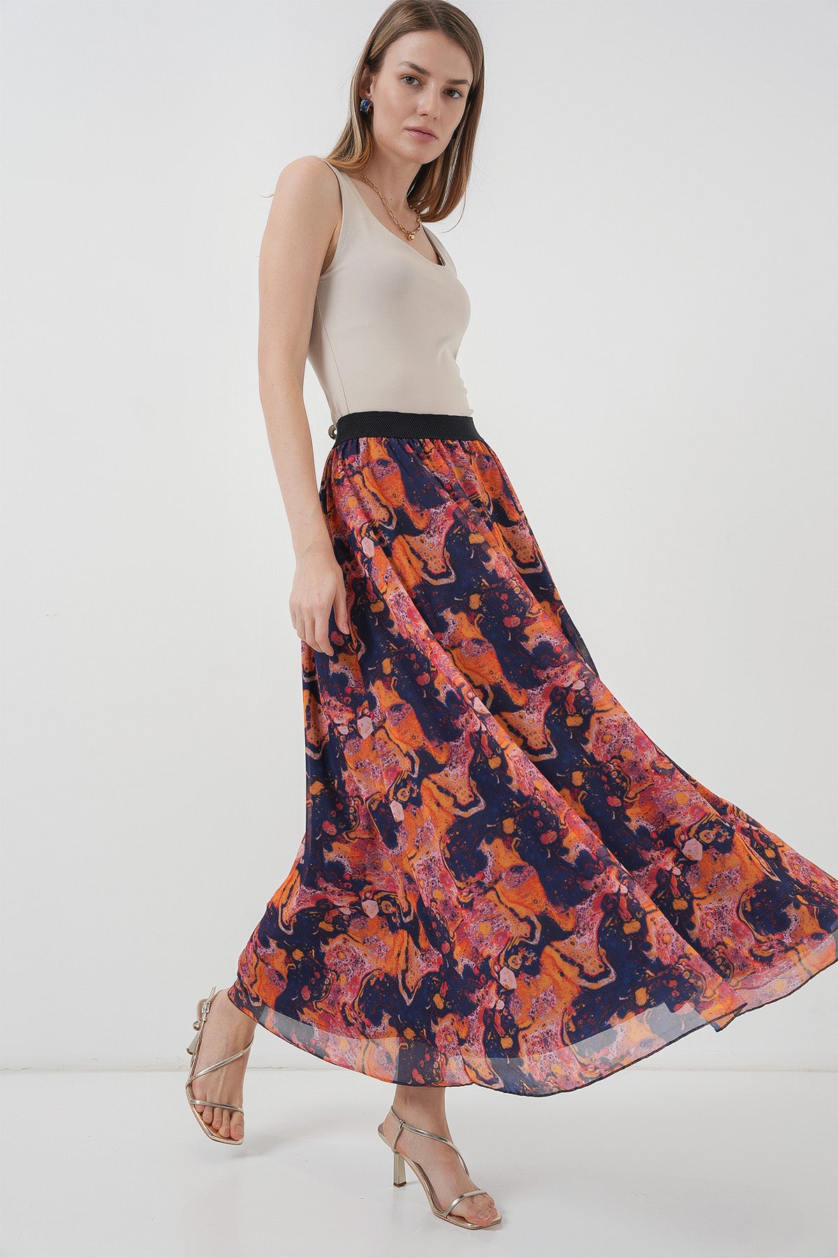 8032 Uzun Şifon Etek - Turuncu