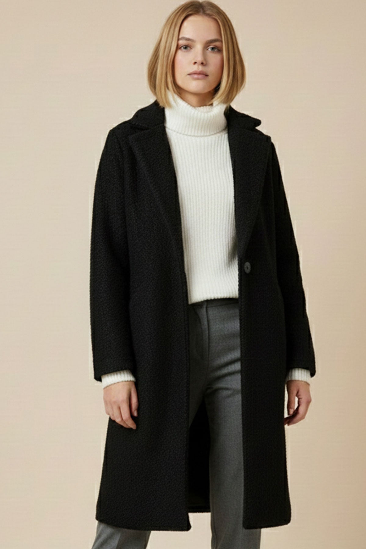 9085 Kadın Oversize Kaşe Kaban - D. Siyah