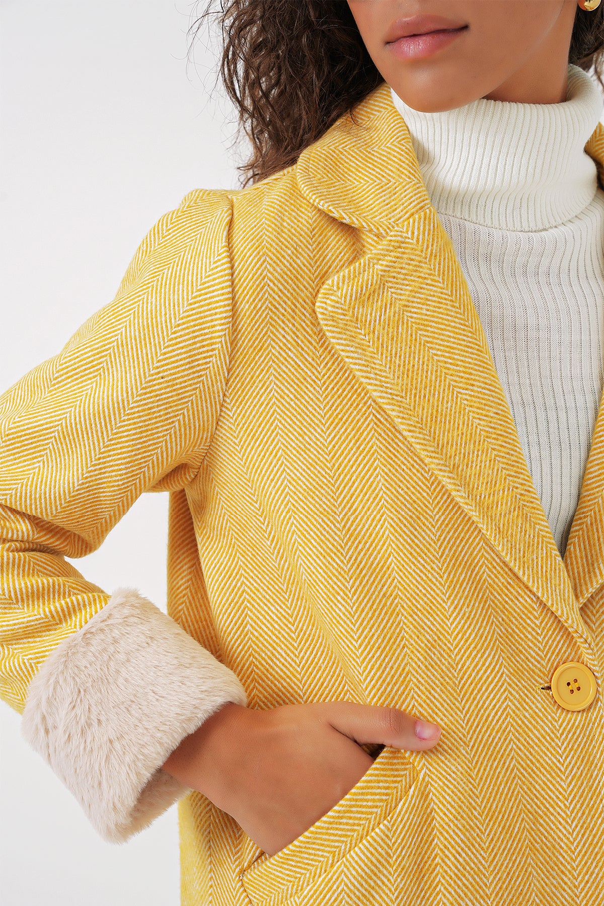 9085 Balık Sırtı Kaşe Kaban - B.Sarı