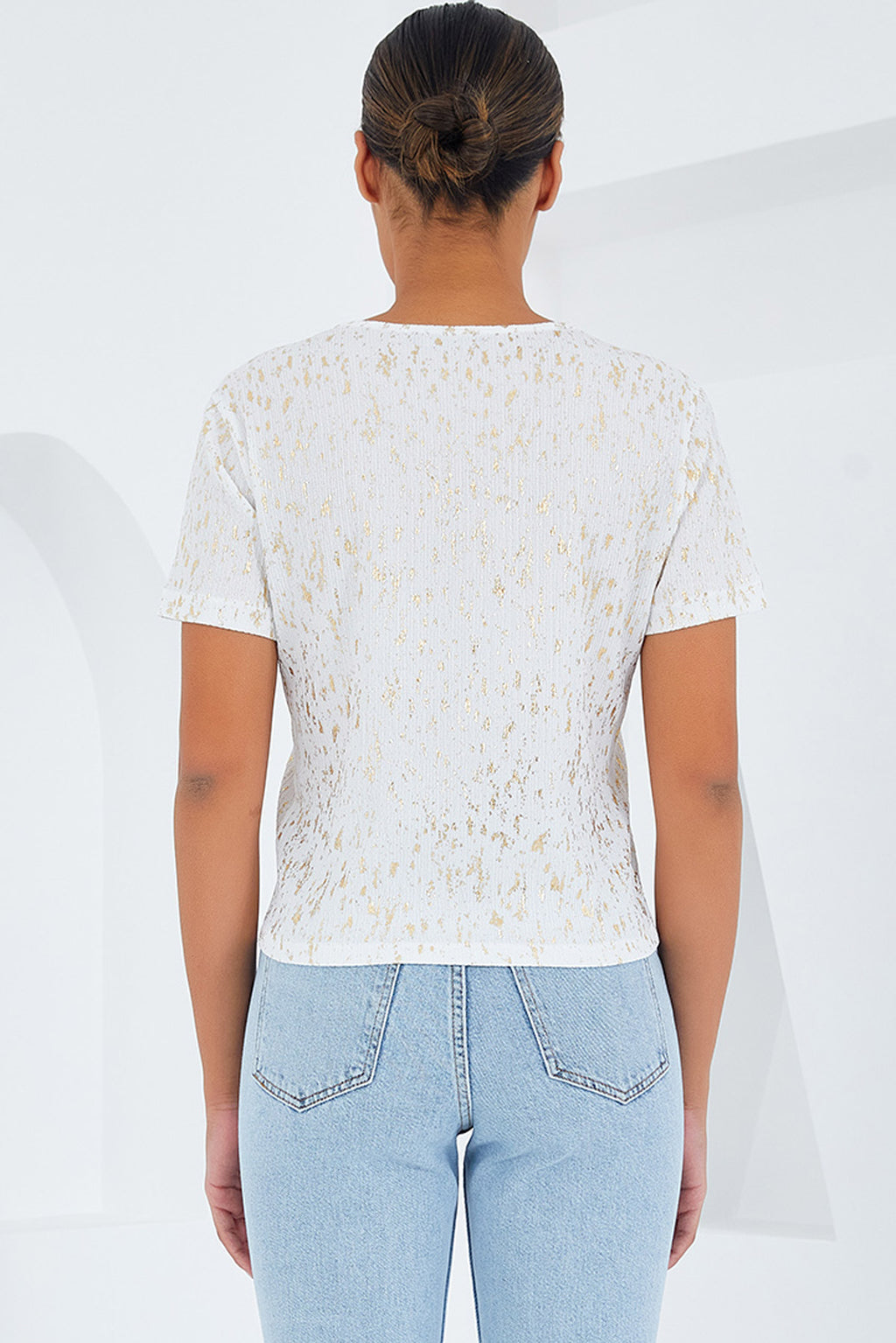 Kadın Ekru Varaklı Basic Tişört 909