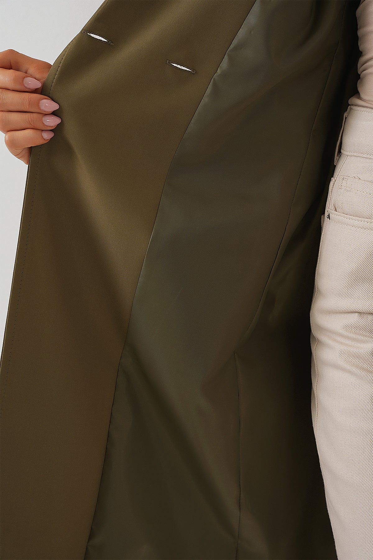 9104 Kruvaze Yaka Astarlı Trençkot - Haki