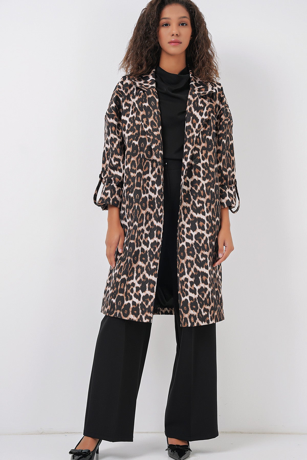 9104 Kruvaze Yaka Astarlı Trençkot - M. Kahverengi