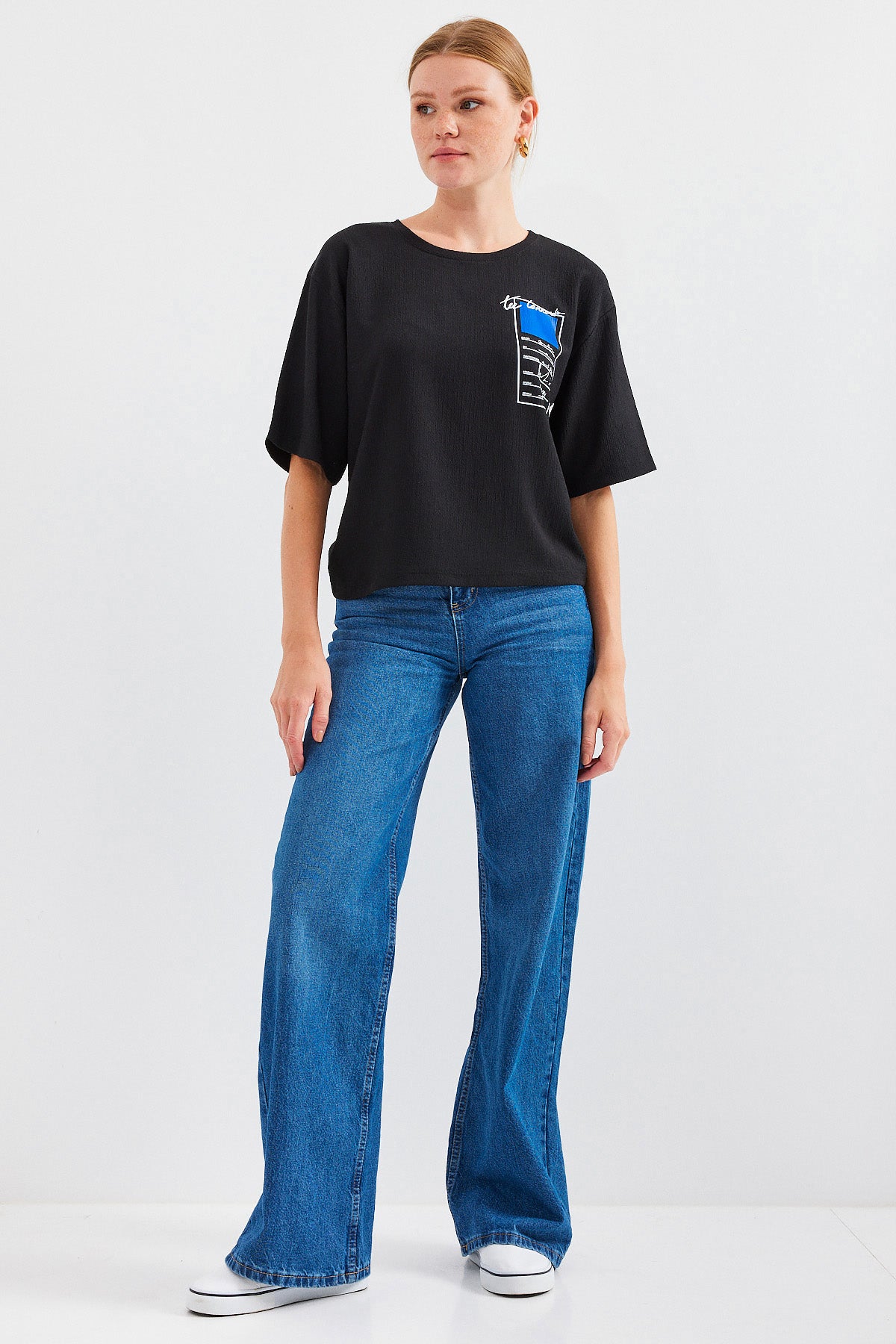 911 Baskılı Örme Basic Tişört - Siyah