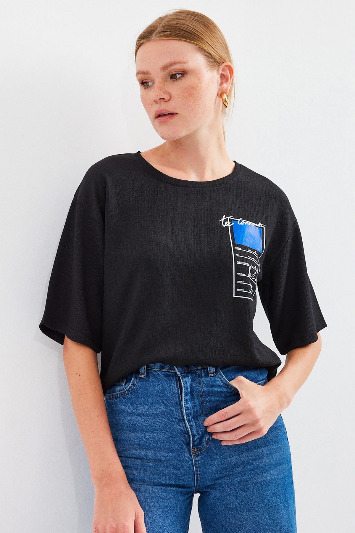 911 Baskılı Örme Basic Tişört - Siyah