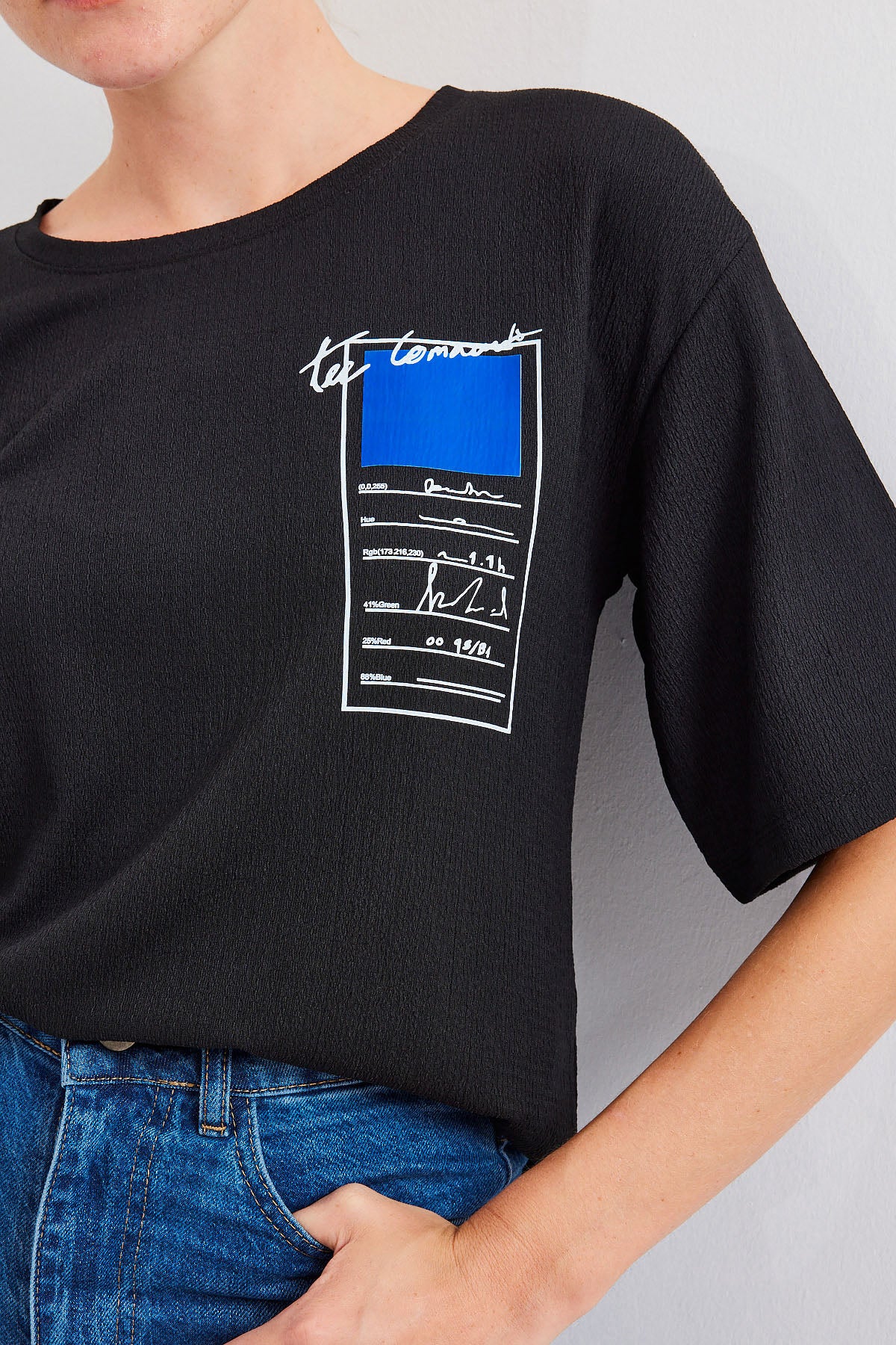 911 Baskılı Örme Basic Tişört - Siyah