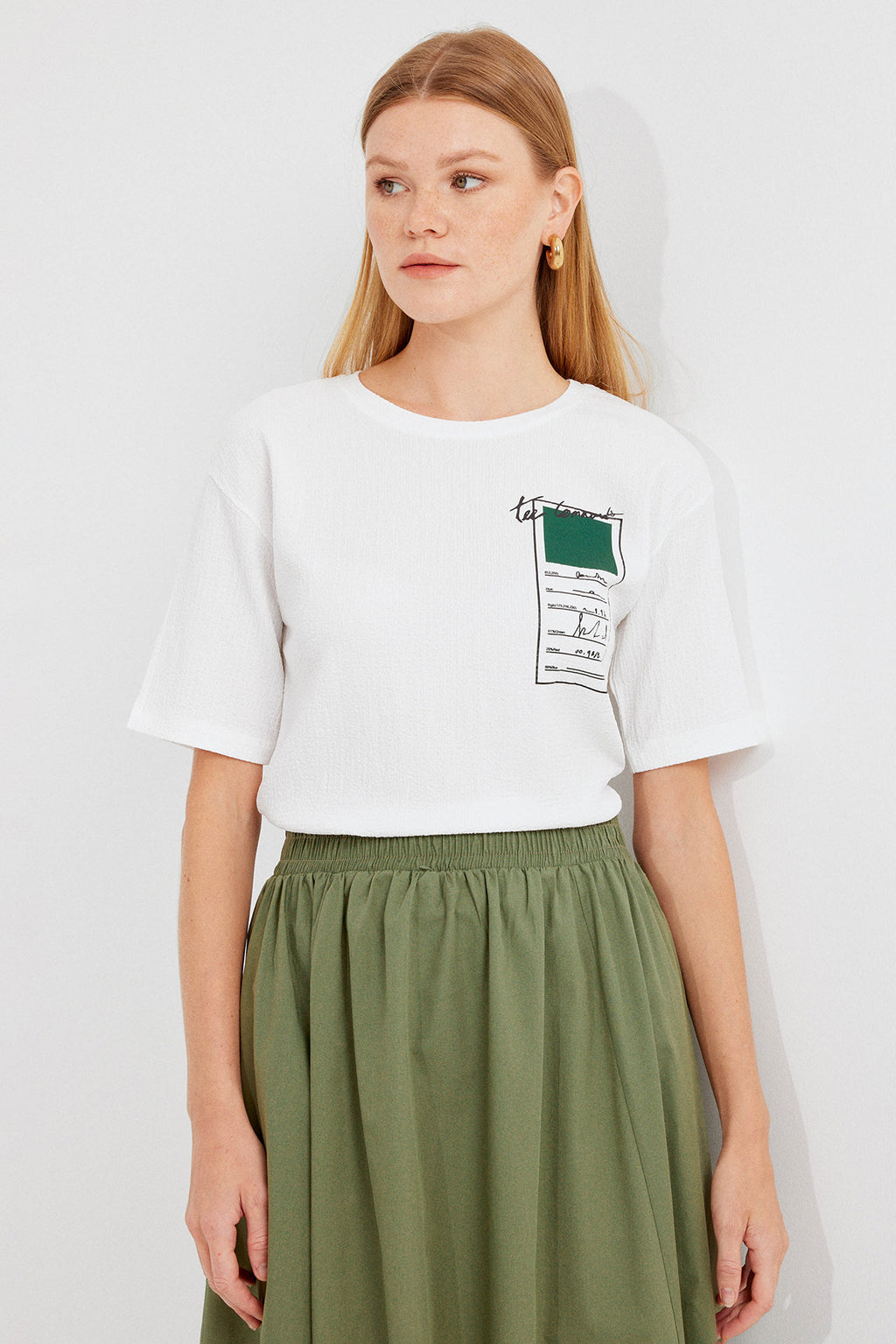 911 Baskılı Örme Basic Tişört - Yeşil