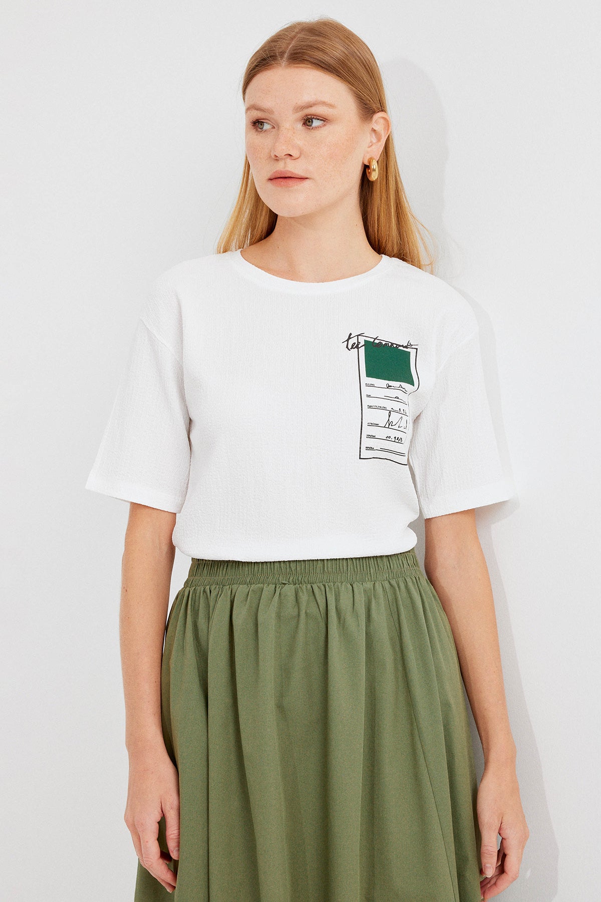 911 Baskılı Örme Basic Tişört - Yeşil