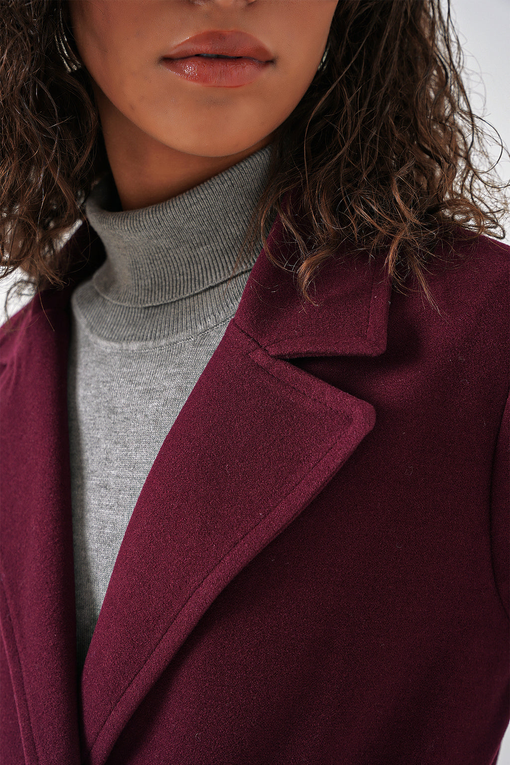 9118 Kruvaze Yaka Kaşe Kaban - Bordo