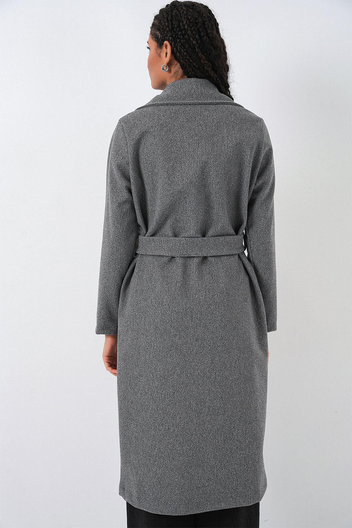 9118 Kruvaze Yaka Kaşe Kaban - Füme