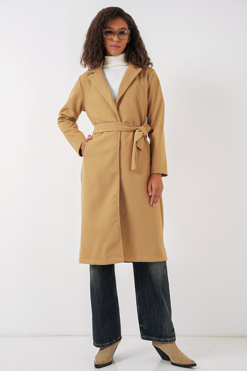 9118 Kruvaze Yaka Kaşe Kaban - Hardal