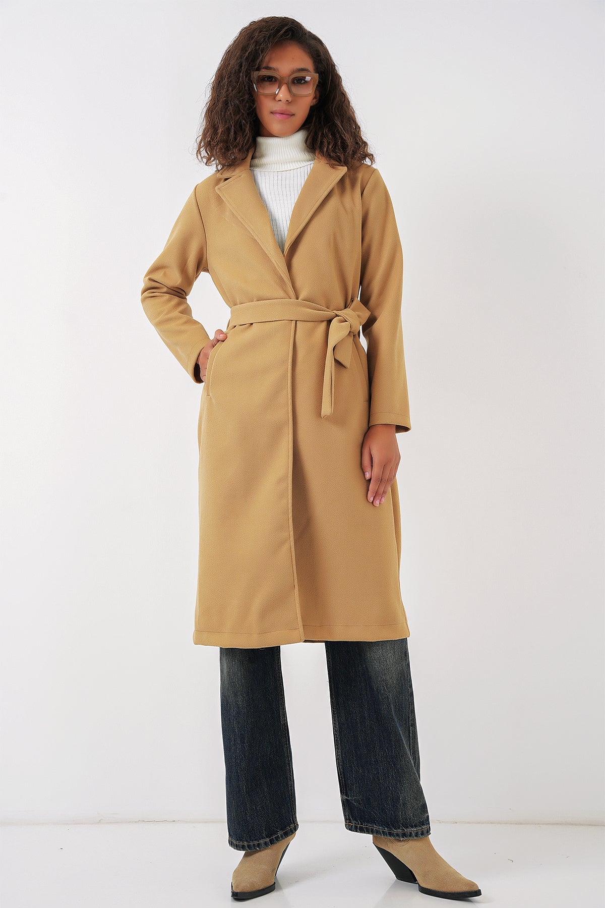 9118 Kruvaze Yaka Kaşe Kaban - Hardal