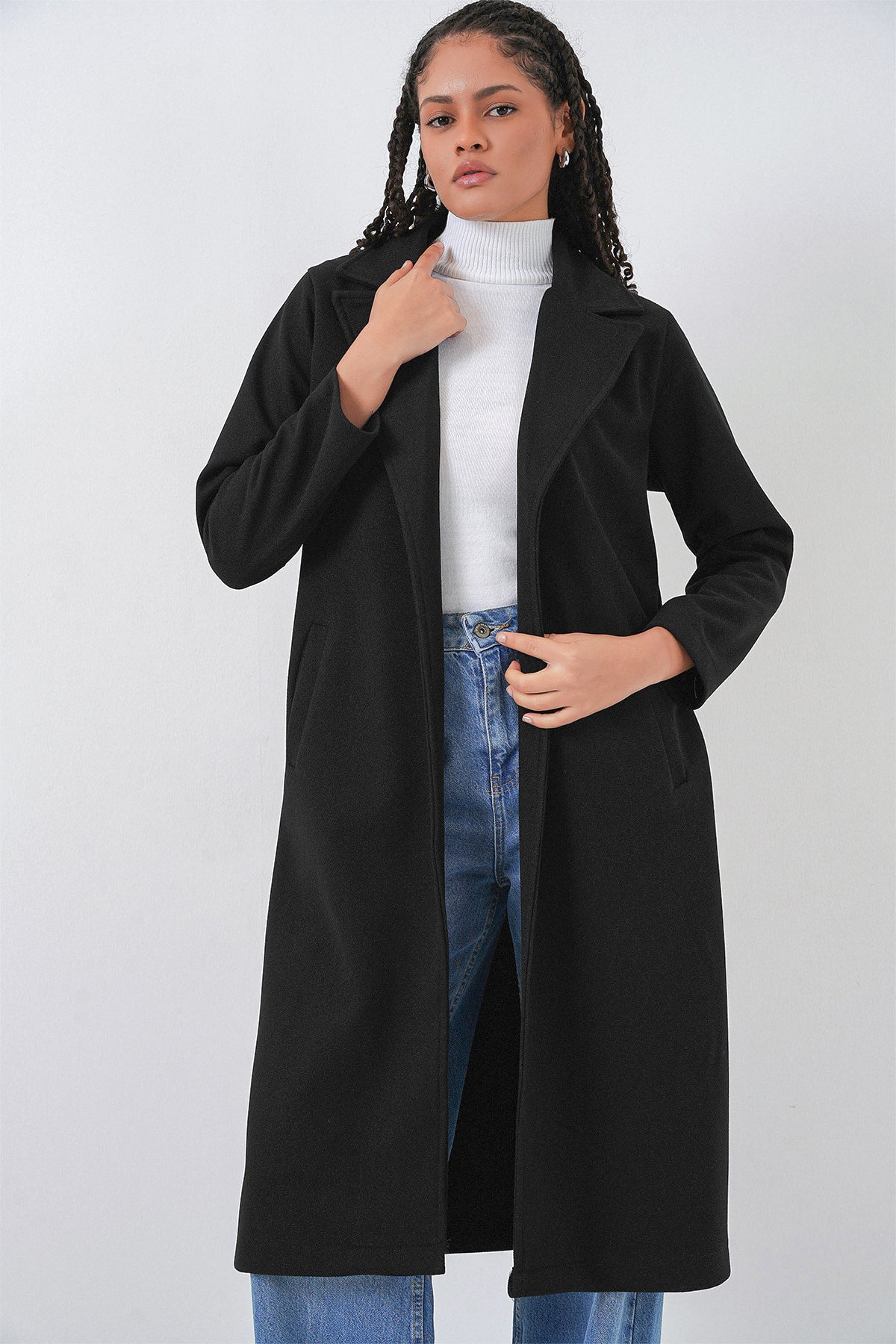 9118 Kruvaze Yaka Kaşe Kaban - Siyah