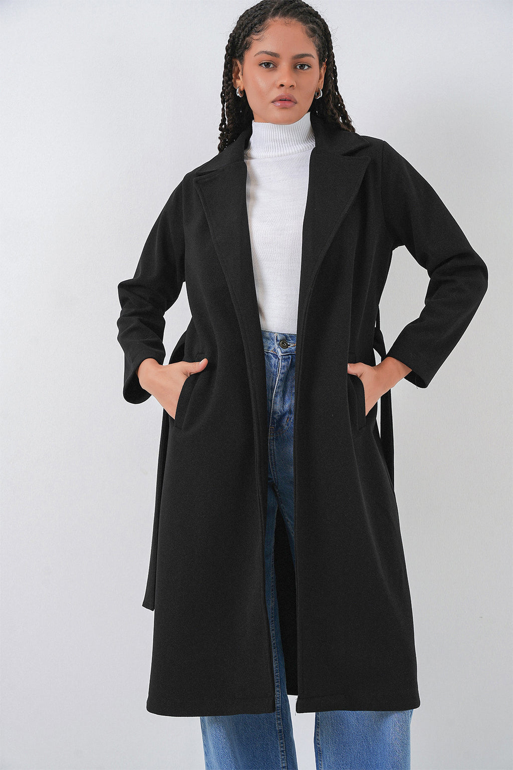 9118 Kruvaze Yaka Kaşe Kaban - Siyah