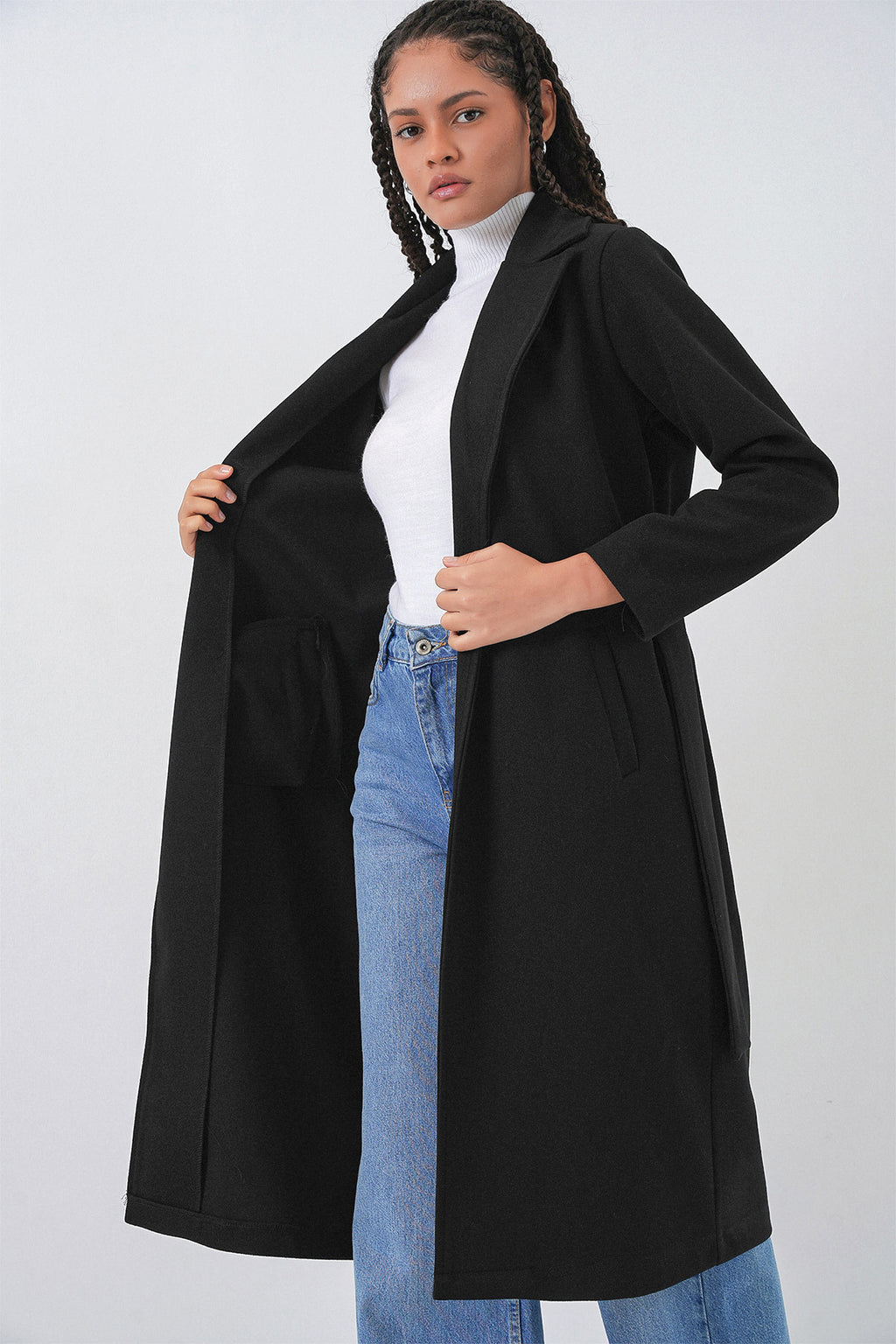 9118 Kruvaze Yaka Kaşe Kaban - Siyah