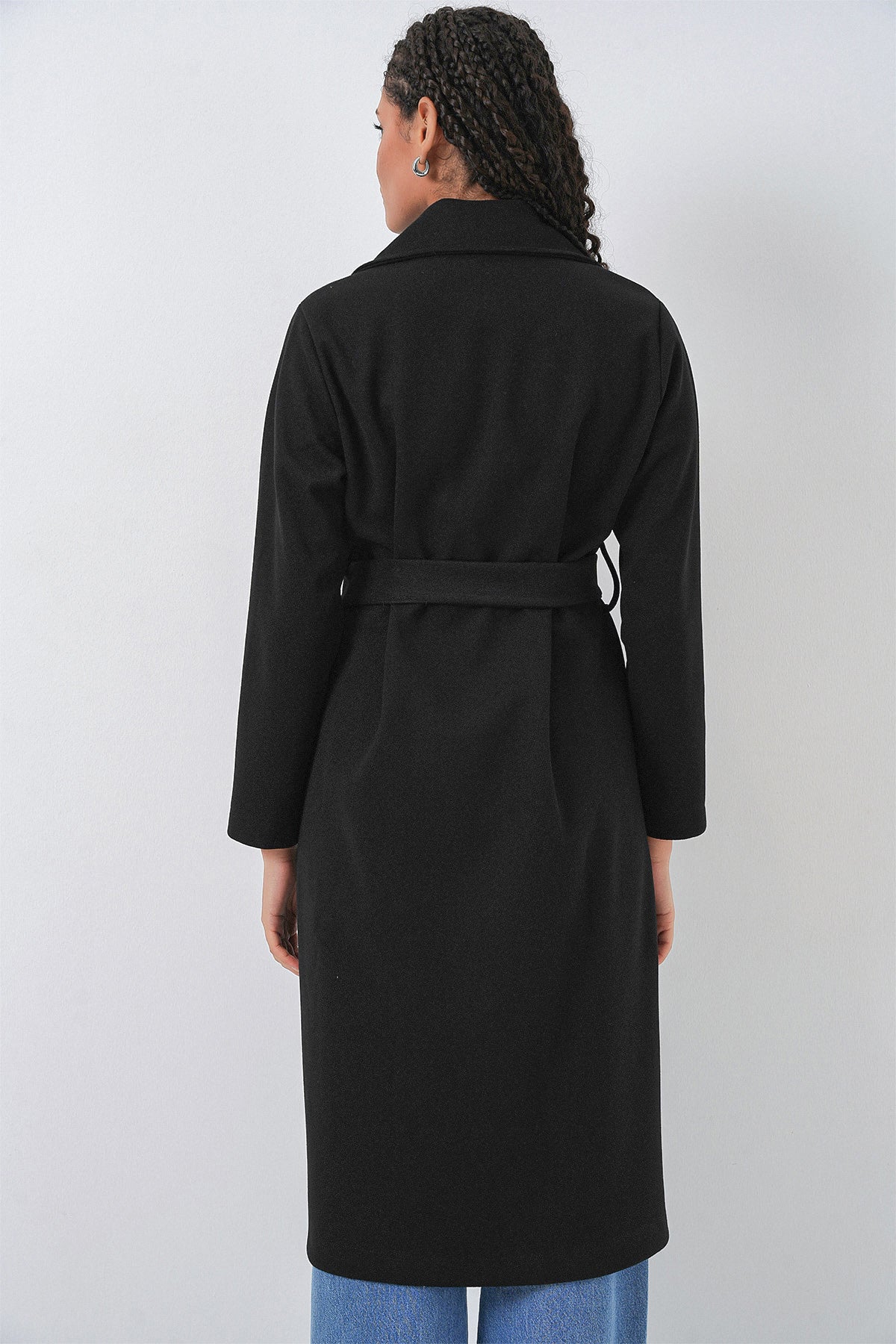 9118 Kruvaze Yaka Kaşe Kaban - Siyah