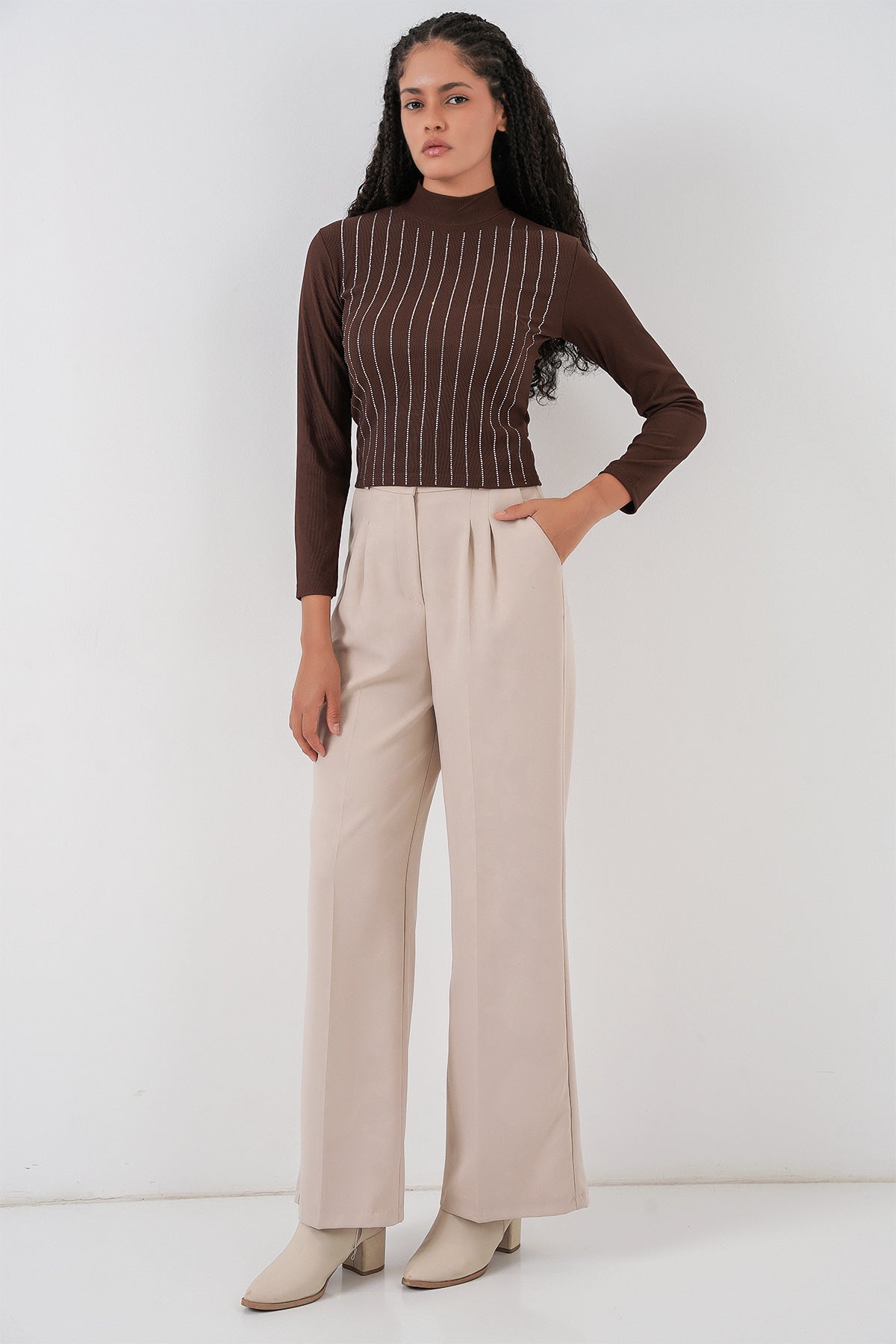 922 Taşlı Body - Kahverengi