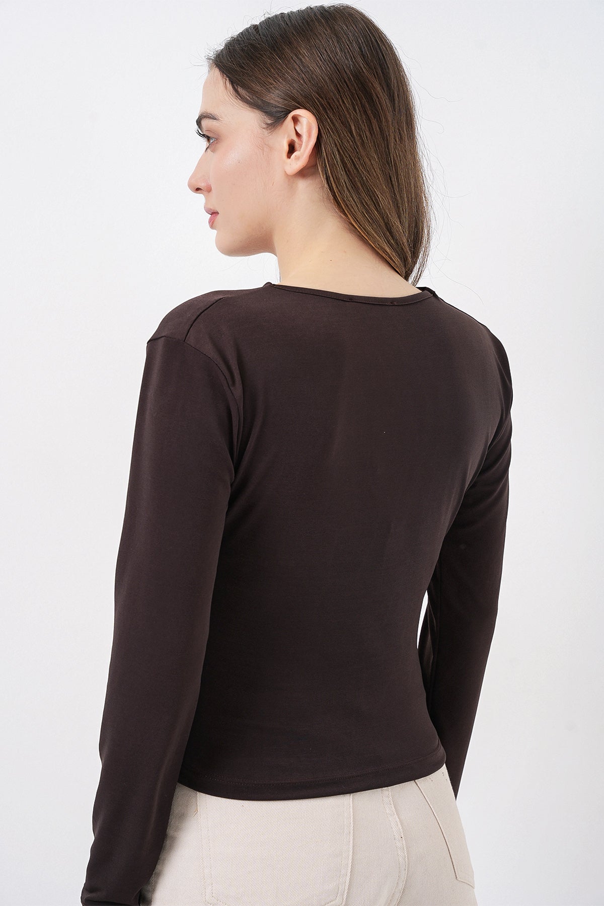 939 Anvelop Yaka Sandy Bluz - Kahverengi