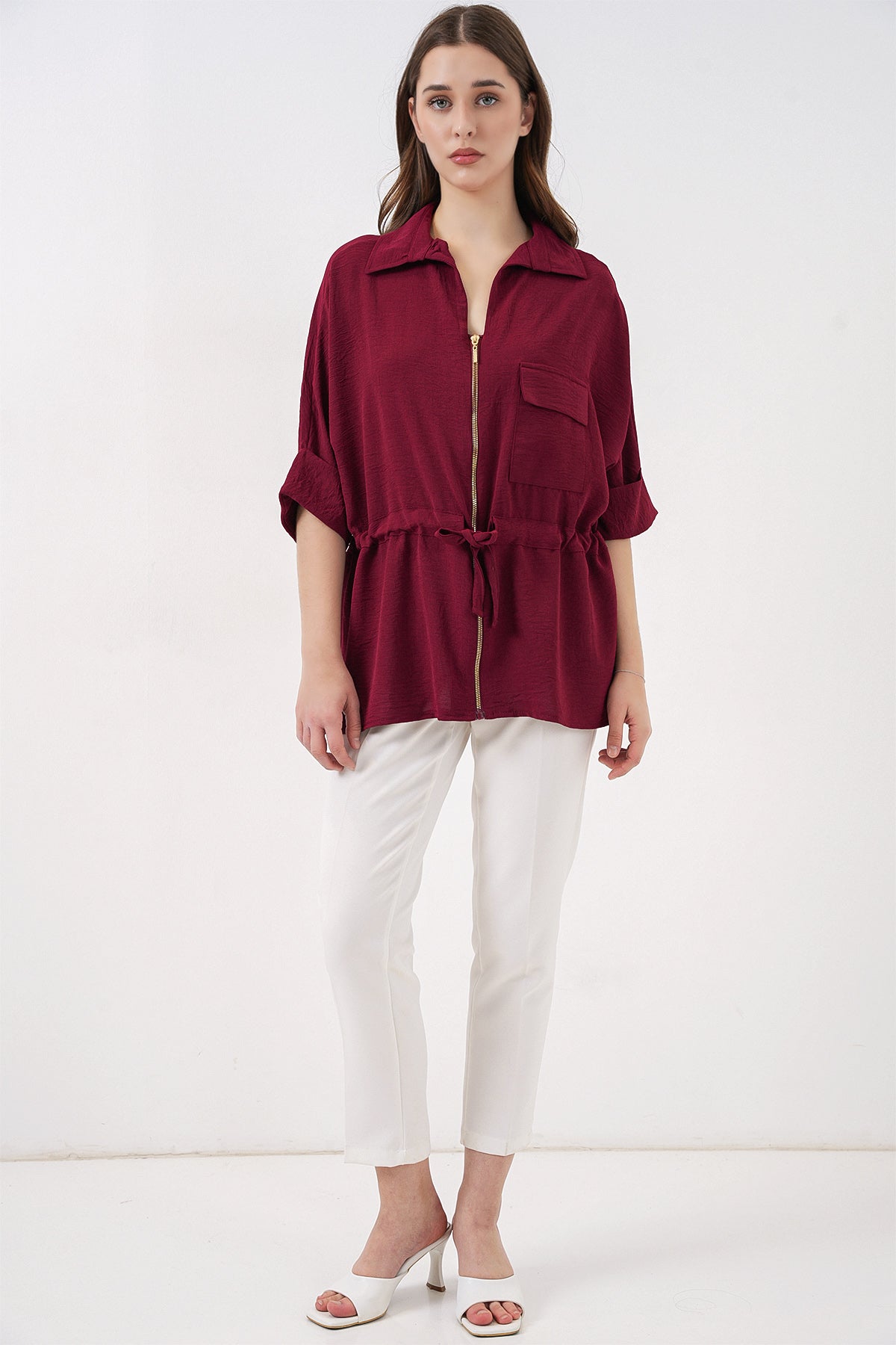 Fermuarlı Kadın Gömlek 0721 - Bordo