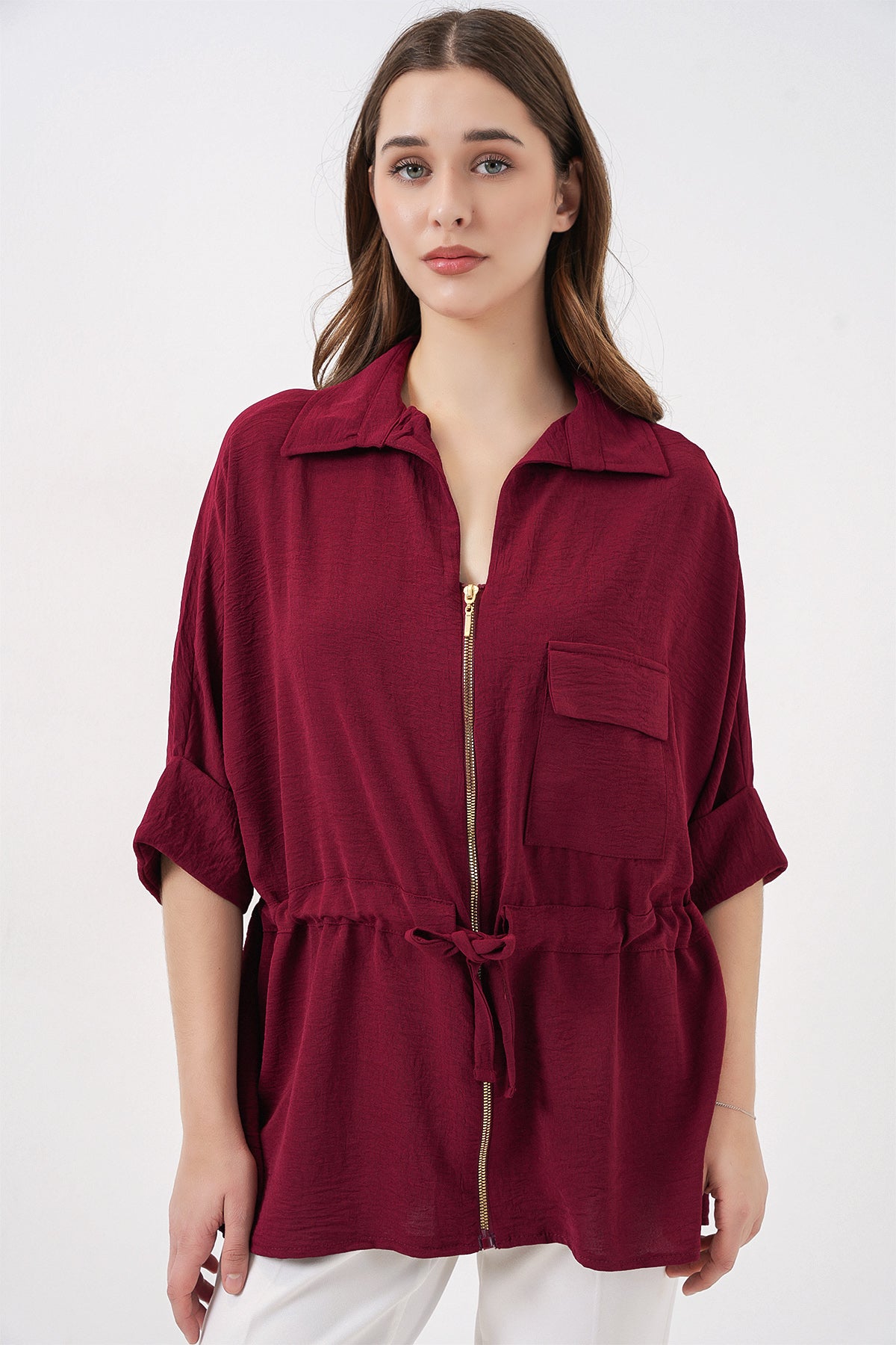 Fermuarlı Kadın Gömlek 0721 - Bordo
