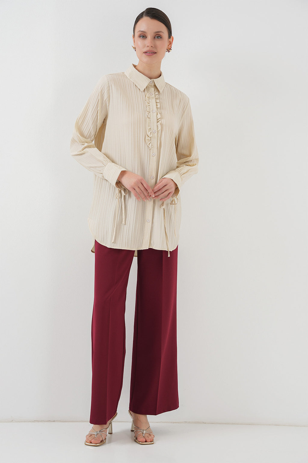 Fırfırlı Uzun Gömlek Tunik 5953 - Bej