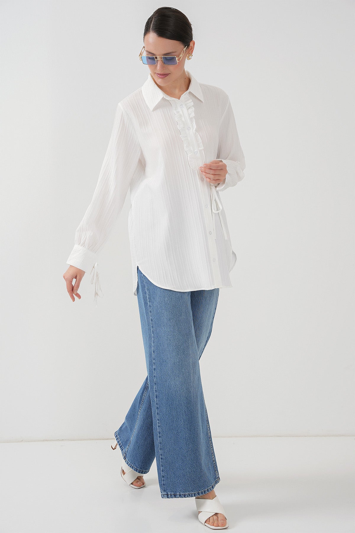 Fırfırlı Uzun Gömlek Tunik 5953 - Beyaz